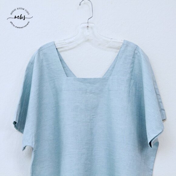 BLQ Square Neck Short Sleeve Hidden Pockets Cotton Mini Dress Blue Women Plus 1 - Picture 3 of 9